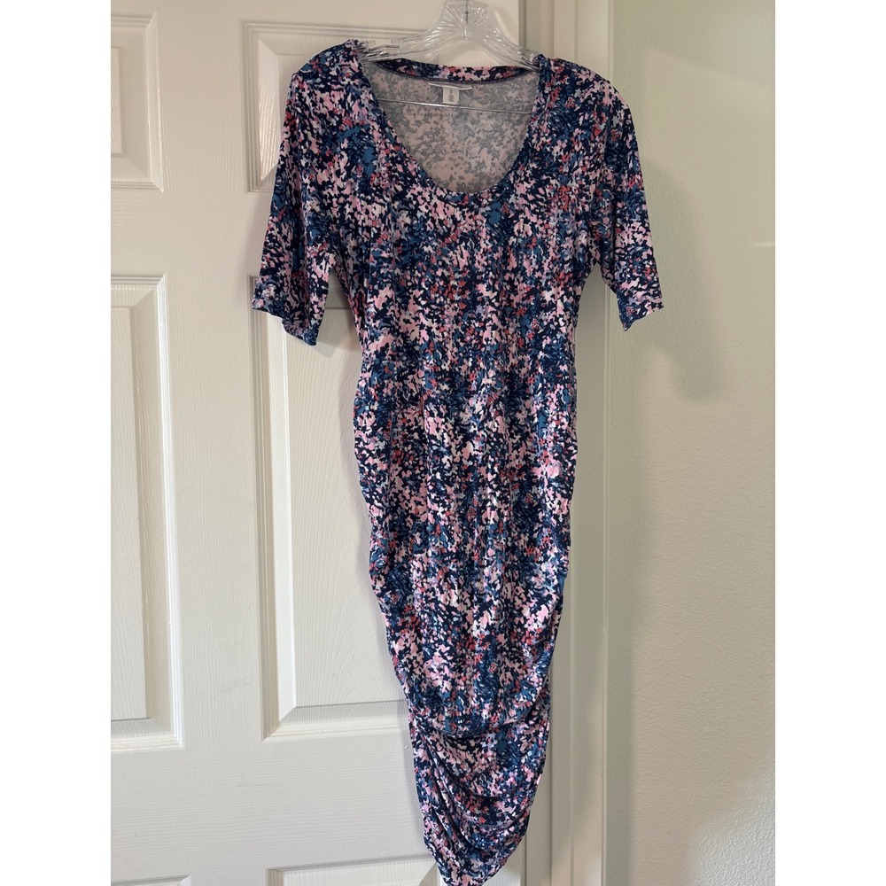 Motherhood Maternity Bodycon Dress Womens M Blue Pink Floral Ruched Excellent
